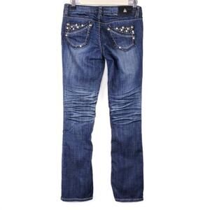 Buckle Antique Rivet Factory Distressed Rhinestone Pocket Boot Cut Denim Jeans